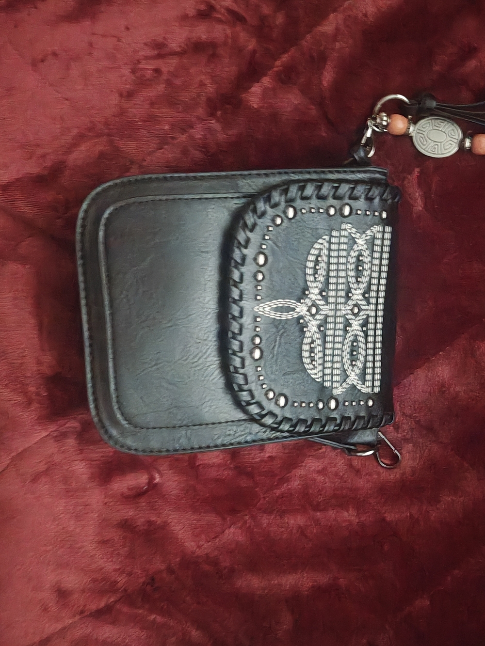 Source Unknown Black Mini Leather Crossbody with Embossed Beaded Accent